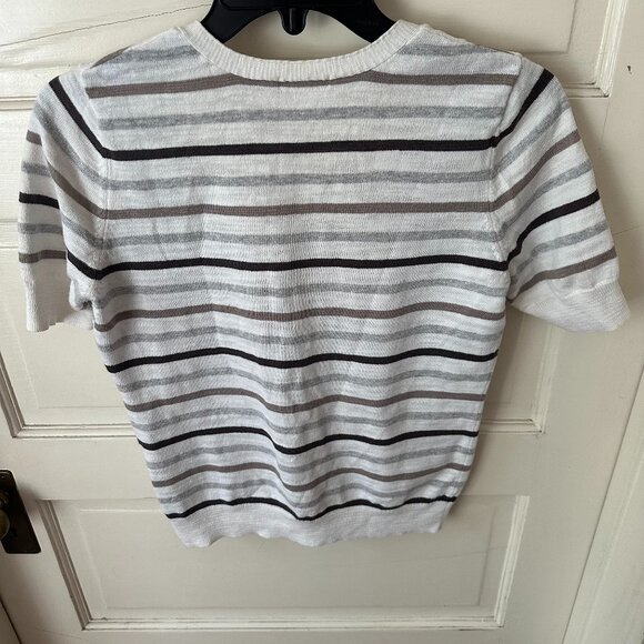 Caslon Striped Button Up V-Neck 100% White Cotton Knit Tee rn58665 - Picture 5 of 9